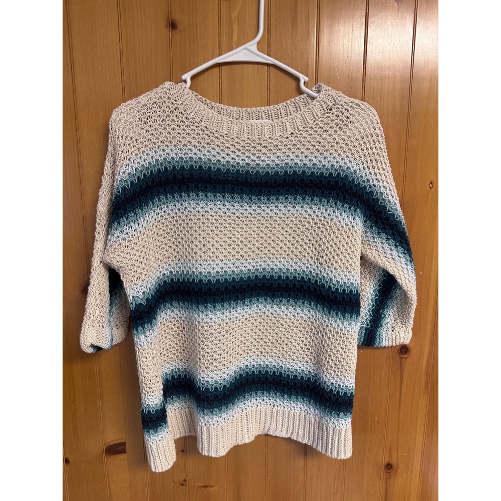 J.Jill Beachy‎ Linen Cotton Striped Open Weave Knit Sweater 3/4 Sleeve M Boho